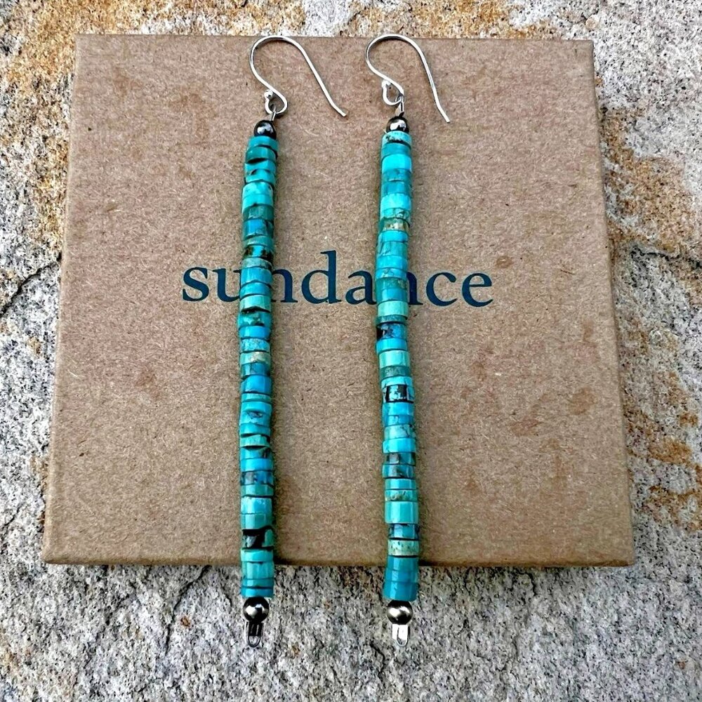 Sundance $148 NEW 4" Turquoise Heishi Sterling Silver Handmade Beaded Earrings - Picture 4 of 12